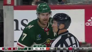 Marcus Foligno sends Matthew Tkachuk into boards