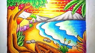 Mewarnai gradasi dengan crayon  Oilpastel  Pemandangan indah pantai  Drawing Beach Scenery