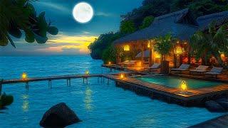 Calming Sounds of  Night Ocean  Full Moon Night with Wave Sounds and Crickets  Tranquil Ambience