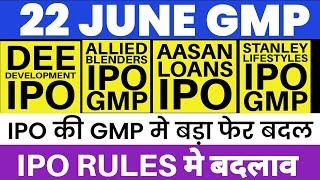 DEE DEVELOPMENT IPO GMP  AASAN LOANS IPO GMP  STANLEY LIFESTYLE  IPO GMP  ALLIED BLENDERS GMP 