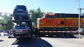 IDIOT TRUCKS CARS  VS TRAINS   TRUCK STUCK ON TRAIN TRACKS  TRAIN CRASHING &  DERAILMENT