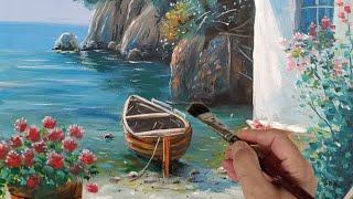 Deniz Kıyısı Akrilik Boya   Landscape Acrylic Painting Art