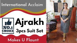 Ajrakh Handblock Print Cotton 3pcs Suit Set Fabric  Natural color  Latest Ajrakh print Designs