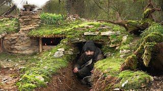 Crafting complete and comfort survival shelter  Bushcraft wood structureclay roof & twin fireplace