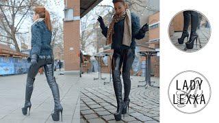 CHALLENGING WALK IN LEATHER OVERKNEE HIGH HEELS BOOTS BY TAJNASHOES AND PARADIZE LEGGINGS
