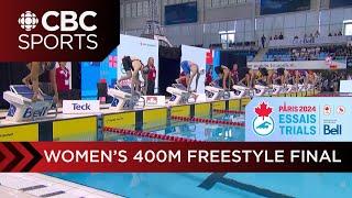 Summer McIntosh sets Olympic Qualfying Time in womens 400m freestyle at trials in Toronto
