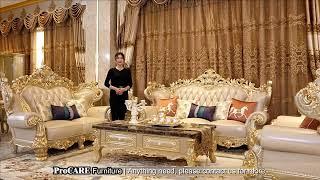 top luxury golden royal living room leather sofa set top gain nublack leather solid wood furniture