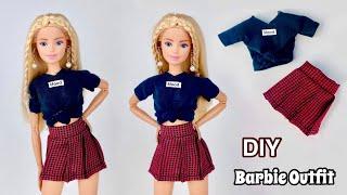 DIY Barbie Doll Clothes Pleated Skirt + Tied Crop Top How To Make Trendy Clothes For Barbie Dolls