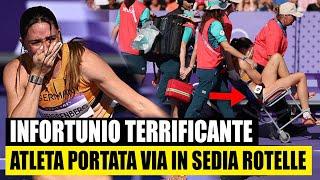 DRAMMA ALLE OLIMPIADI TERRIFICANTE INFORTUNIO PER LA NOTA ATLETA. PORTATA VIA IN SEDIA A ROTELLE