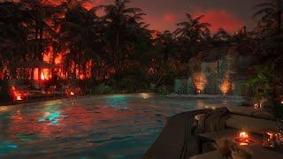 A Beautiful Golden Sunset By A Relaxing Private Pool  Soothing Water Sounds  Calming Waterfall