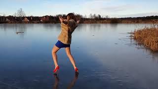 Sexy Girl in skimpy dress and high heels TRIPS & FALLS on ice frozen lake - courtesy of fetishchel