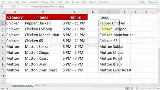 Dynamic extract unique items from a list in excel