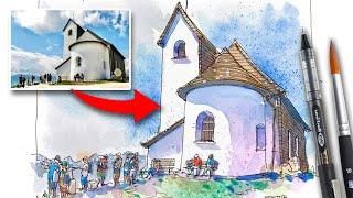 Urban Sketching Tutorial - Loose Ink & Watercolor Austrian Church