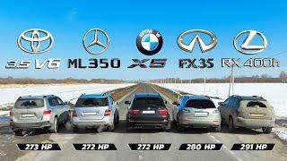 Infiniti FX35 vs BMW X5 vs Lexus RX 400h vs Mercedes ML350 vs Toyota Highlander 3.5 - DRAG RACE