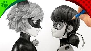 Drawing MiraculousLadybug & Catnoir together from disney. step by step with pencil sketch