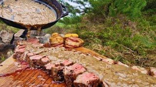 Incredible Ribeye Steak  with Potato and Bacon Roses  cooked in Nature ASMR cooking