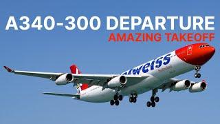 Edelweiss A340-300 BEAUTIFUL TAKEOFF FROM ZURICH AND AMAZING ENGINE SOUNDS