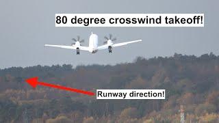 Extreme Crosswind Takeoff 27 yr old Saab Propliner. Farnborough. 24 November 2023.