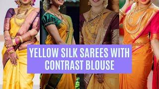 Yellow Silk Sarees Contrast Blouse Designs Yellow Color Wedding Sarees  Yellow Saree Blouse Combo