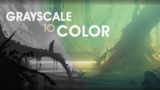 GREYSCALE Concept Art To COLOR Process  Digital Painting Tutorial  Landscape Environment Design