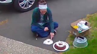 Woman Drops Cake on the Driveway - Proceeds to Eat Frosting off the Ground
