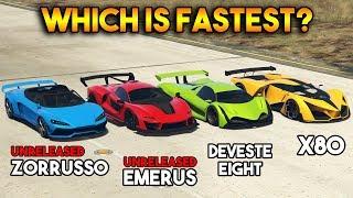 GTA 5 ONLINE  EMERUS VS ZORRUSSO VS X80 VS DEVESTE EIGHT WHICH IS FASTEST?