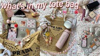 ˖˚what’s in my SUMMER school bag prada raffia tote🩰𓇼 end of jr. year  summer+ school essentials