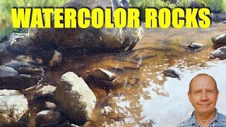 Painting rocks above and under water with watercolors. Realistic watercolour painting of rocks.