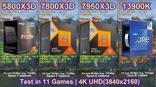 5800X3D vs 7800X3D vs 7950X3D vs 13900K + RTX 4090  - Test in 11 Games  4K UHD3840x2160