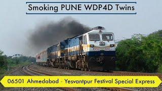 First run of 06501 Ahmedabad - Yesvantpur Festival Special Express with Smoking WDP4D Twins