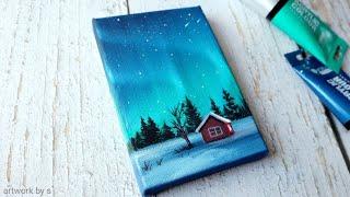 How to paint northern lights  Easy acrylic painting tutorial for beginners  Mini canvas painting