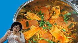 Budae Jjigae ARMY BASE STEW made with SPAM instant ramen & American Cheese