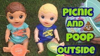 Baby alive Adam and Lincoln have a picnic and POOP OUTSIDE 