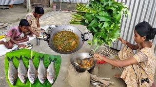 Small ROHU FISH recipe with FRESH KALMI SHAK in village by tribe girl  How to cook fish recipe