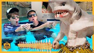 Monster Shark vs Giant Box Fort Boat Can FunQuesters Aaron & LB Survive?