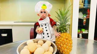 Cheers Chef Bibi monkey helps Dad cook Oatmeal Eggs for breakfast