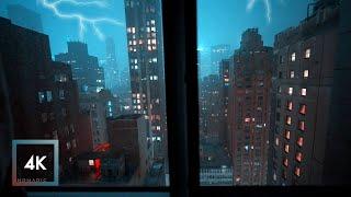 Thunderstorm and Rainy Night in New York City Open Window City Soundscape for Sleep and Study