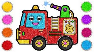 How to Draw a Fire Truck  Glitter Drawing Coloring and Painting for Kids Toddlers