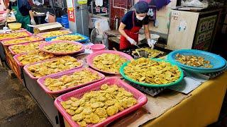 25년 전통 스케일이 다른 전통시장 전집 오색 꼬치전 동그랑땡 안양중앙시장 Making Huge amount of vegetable pancake Korean food