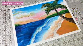 Pemandangan pantai ️ - melukis dengan cat gouache  mirip acrylic   painting beach with me