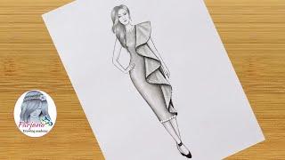 Pencil sketch of a girl with Fashion Dress - step by step   How to draw Fashion Girl