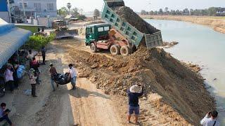 Update Resize Road on Canal By Operator Bulldozer  Cutting Soil with Dump Truck Transport Soil