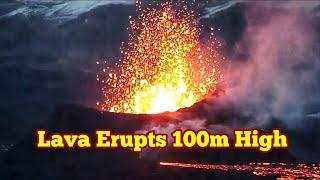 KayOne Volcano Erupts Lava Fountains 100m High Iceland Sundhnúka Volcano + Relaxing Music