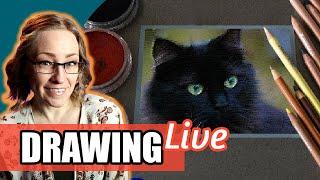 Black Cat Colored Pencil & Pan Pastels - LIVE