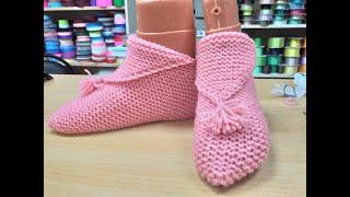 ДОМАШНИЕ ТАПОЧКИ-СЛЕДКИ ОДНИМ ПОЛОТНОМ . Вязание спицами.Homemade knitted slippers.