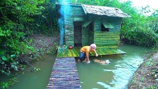 Survival Girl Camping Alone Building Private Bamboo House on Canal in the Woods