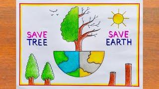 World Earth Day Drawing  How to Draw Save Tree Save Earth Poster Easy Steps  Save Earth Drawing