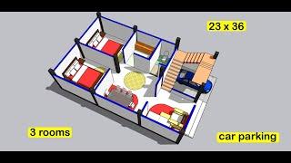 23 x 36 sqft new 3d village house plan II 23*36 ghar ka naksha with car parking II 3 rooms home