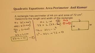 Find length and width when area and perimeter of rectangle is given Quadratic Application