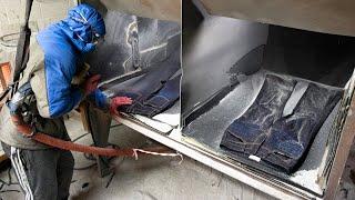 Distressed Jeans Mass Production Process. Korean Denim Jeans Factory